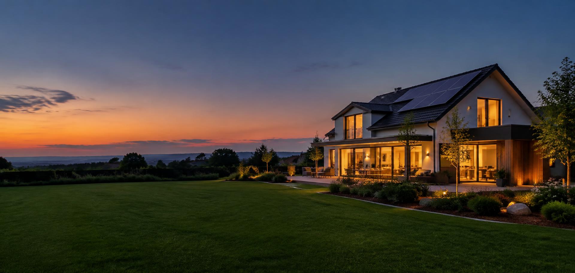 Modern energy-efficient home at dusk